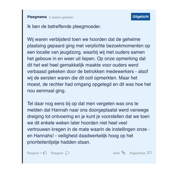 [IMAGE] A comment written in Dutch by 'pleegmama'. It is three paragraphs long.